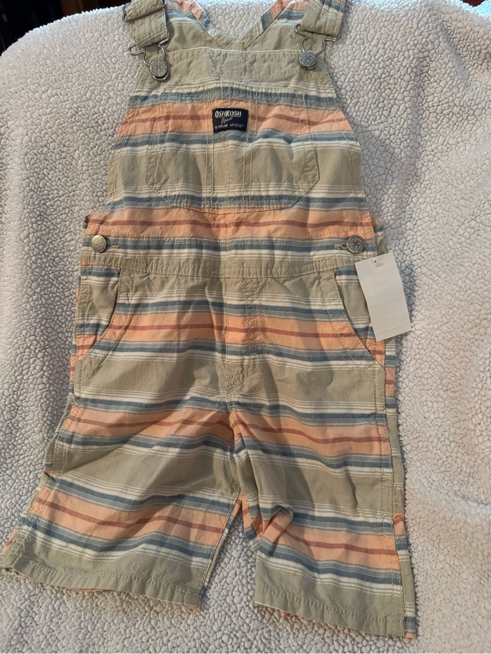 OshKosh B'gosh Striped Short Overalls in Tan, Blue & Peach Burgandy B19 5T
